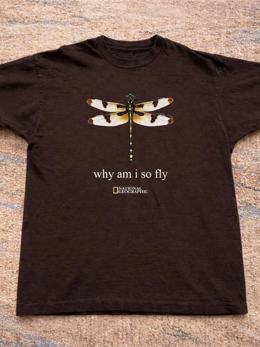National Geographic Brown Tee with Yellow and White Dragonfly Graphic